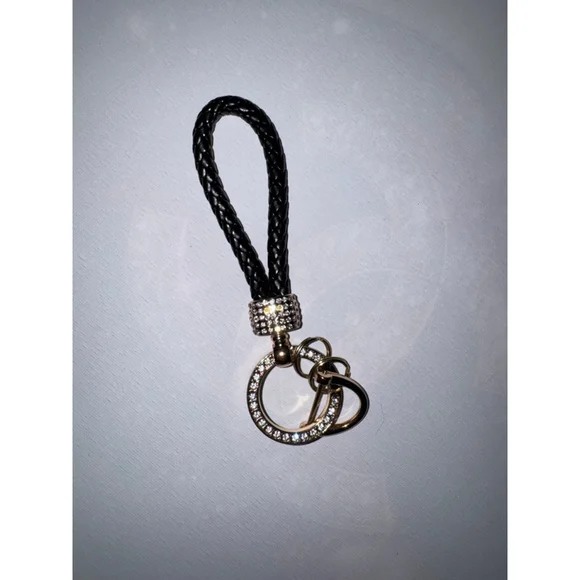 Rhinestone Braided Keychain Wristlet Black Gold Sparkle Bling Bag Charm - Picture 2 of 3